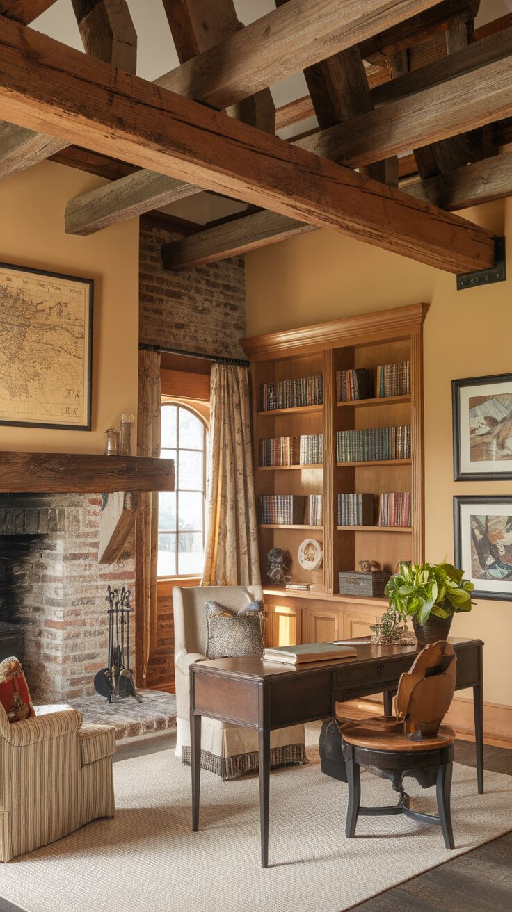 A rustic home office with wooden beams, a brick fireplace, a desk, and a bookshelf filled with books.