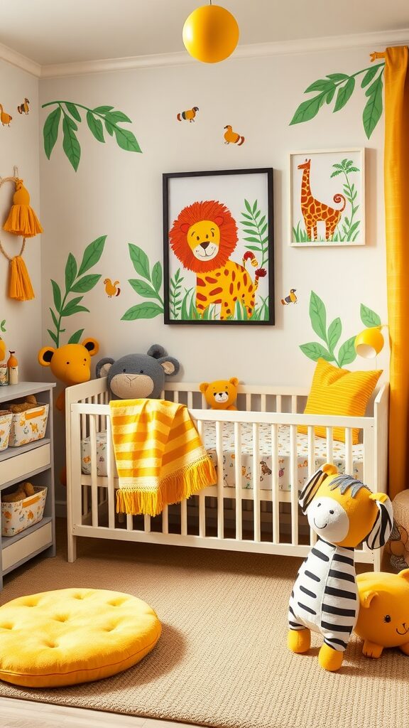 A colorful safari theme nursery with yellow accents, featuring animal decor and a crib.