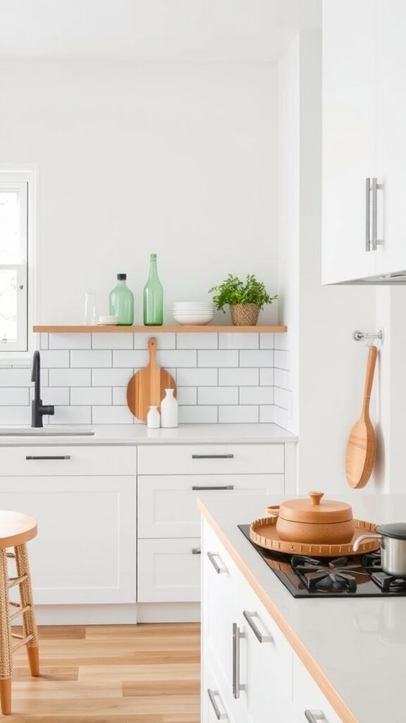 A modern Scandinavian kitchen with white cabinets and a minimalist backsplash.