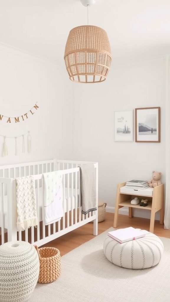 A stylish Scandinavian nursery featuring a white crib, neutral decor, and soft textures.