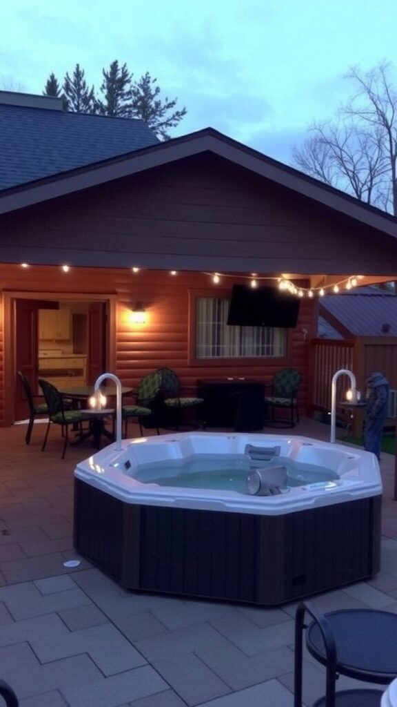 A semi-covered patio featuring a jacuzzi, outdoor seating, and warm lighting.