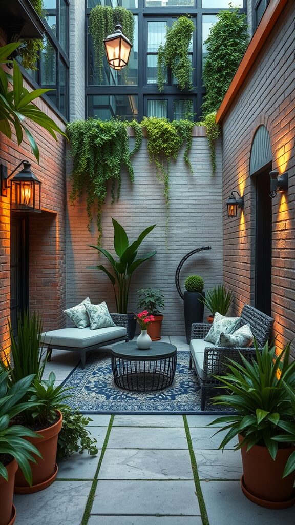 A cozy courtyard featuring seating and plants, designed for small outdoor spaces.