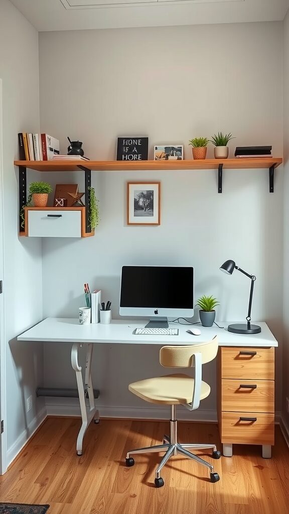 Cozy small home office setup with desk, computer, and decorative shelves.