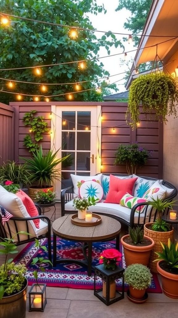 Charming patio with colorful cushions, plants, and string lights.