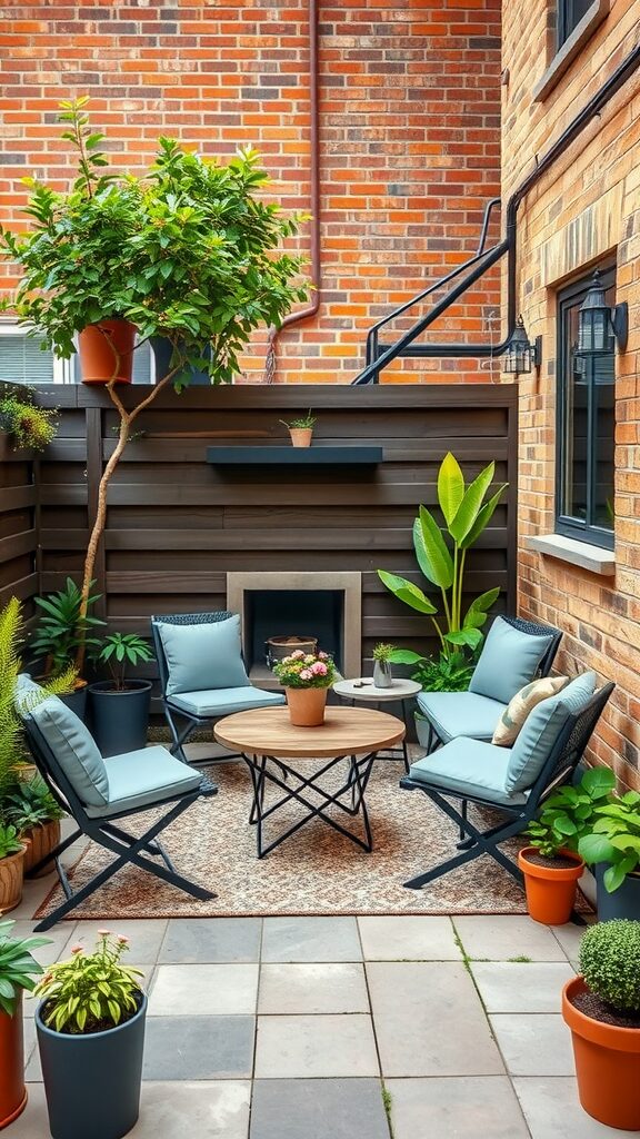 A cozy patio with comfortable seating, plants, and a small table, creating a relaxing outdoor space.