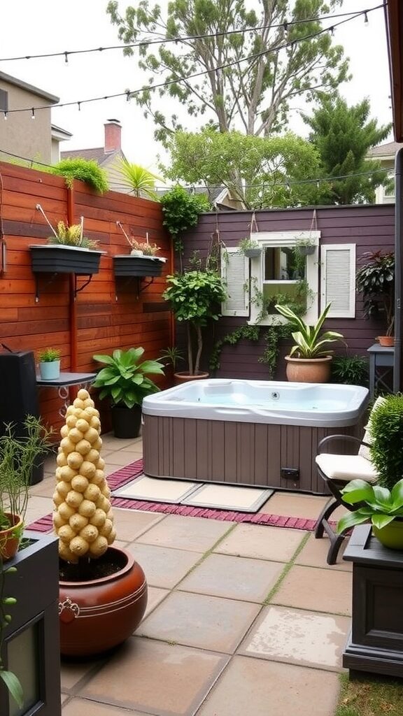 Cozy backyard patio featuring a jacuzzi surrounded by greenery and decorative elements.