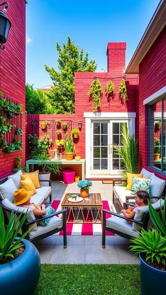 A small backyard patio featuring colorful seating, potted plants, and decorative elements.