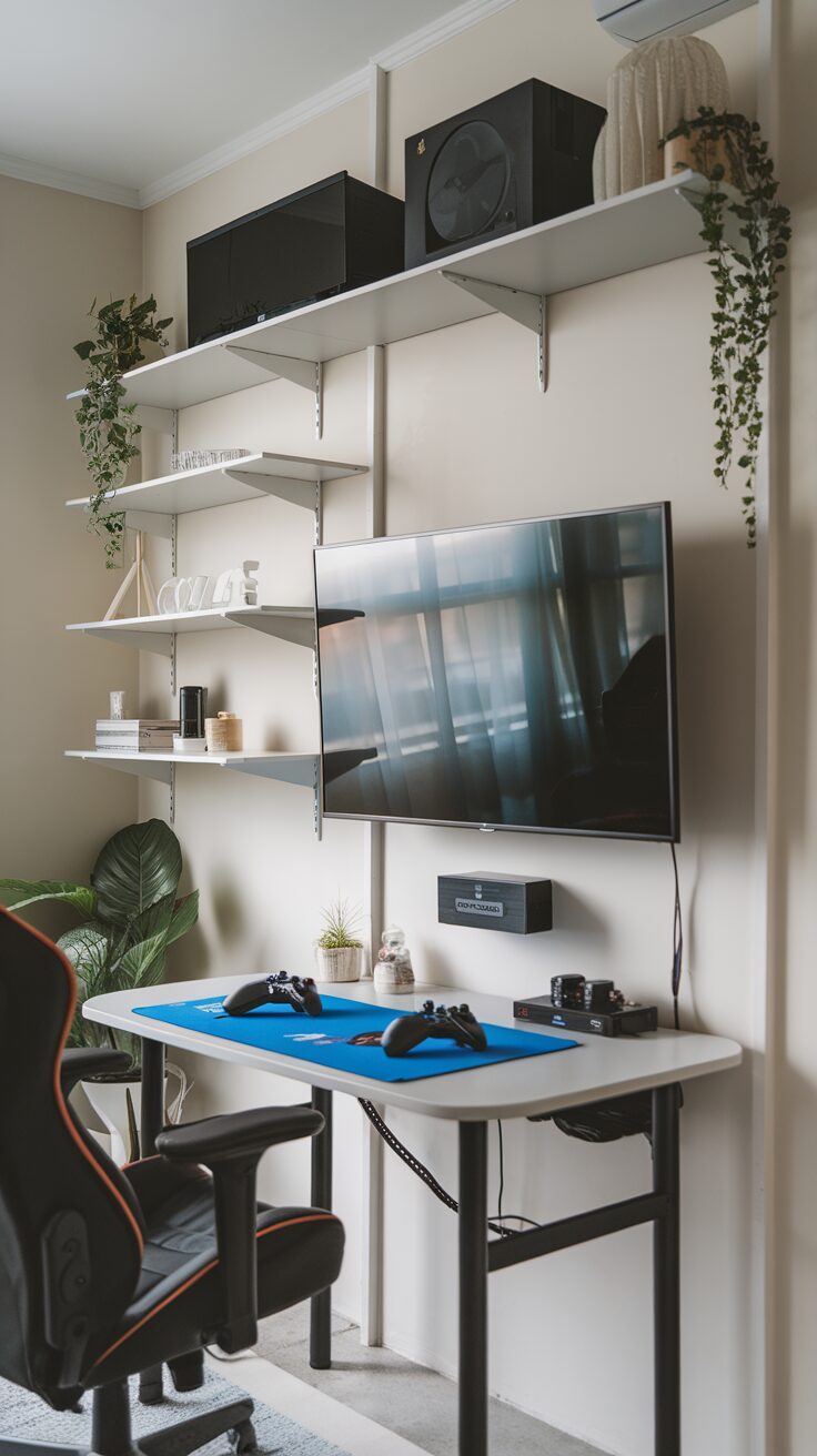 Compact couple gaming room featuring shelves, a gaming desk with controllers, and a comfortable chair.