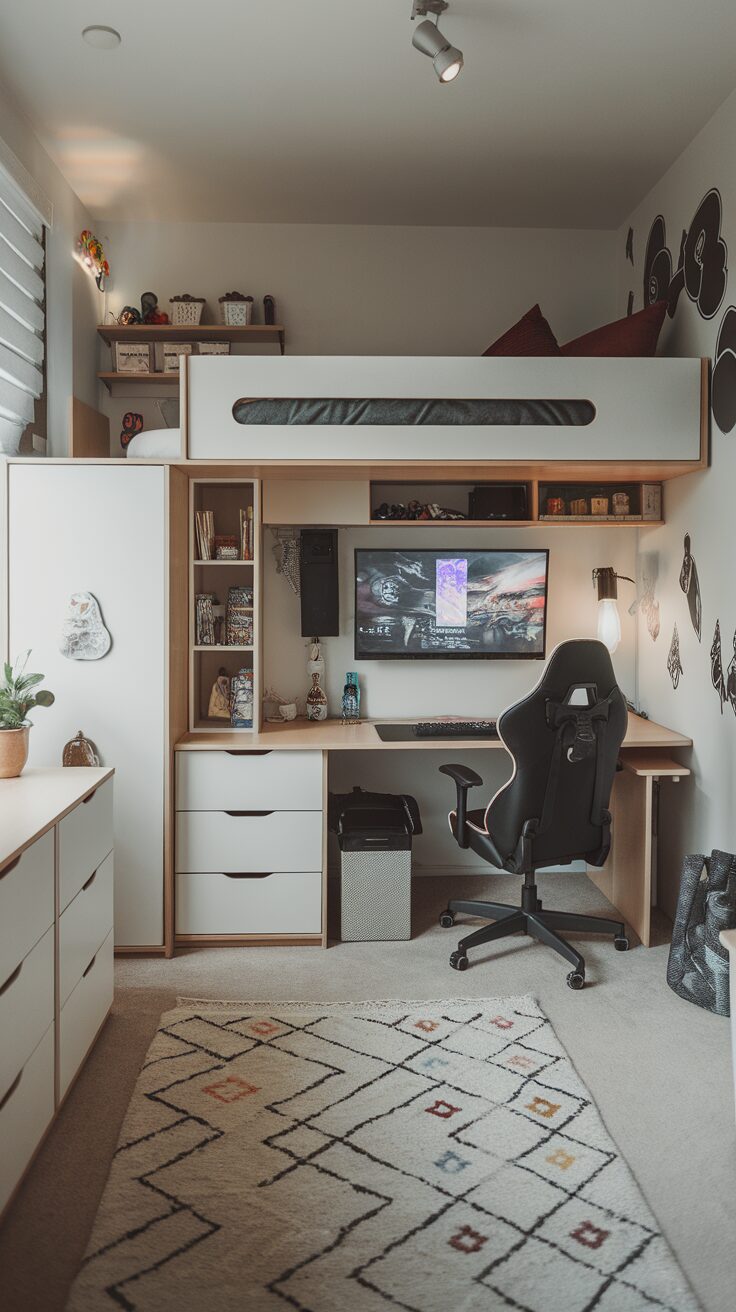 A compact gaming bedroom setup with a loft bed, computer desk, and stylish decor.