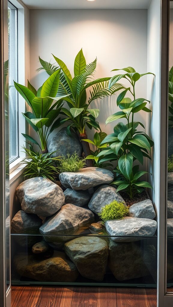 A small interior garden featuring rocks and lush greenery, creating a calming atmosphere.