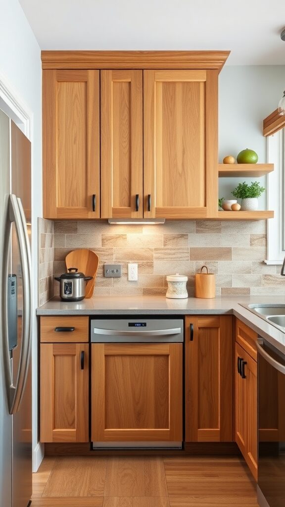 A small kitchen featuring oak cabinets and a stylish backsplash.