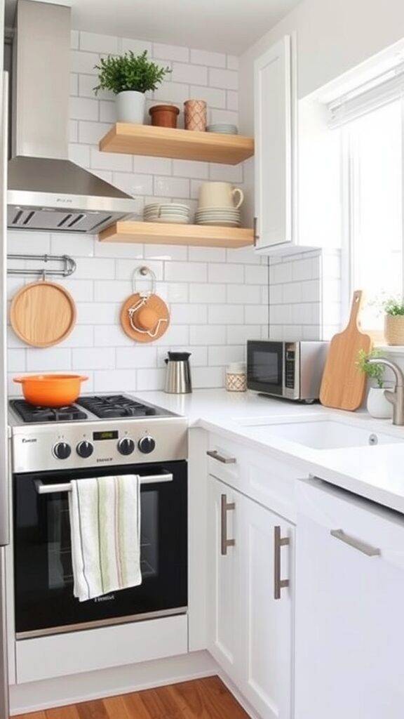 A small kitchen featuring a white brick backsplash, white cabinets, and wooden shelves.