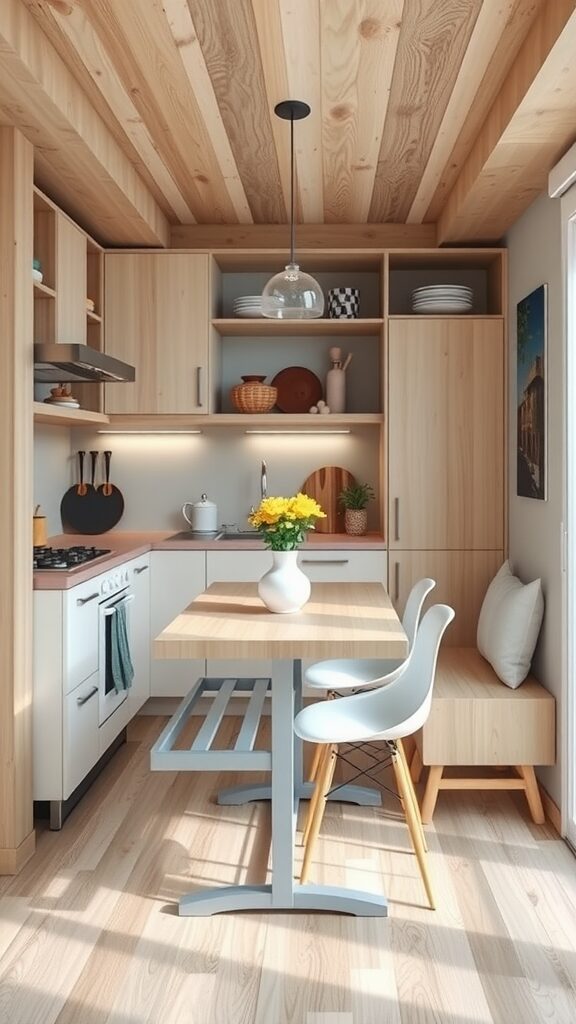A modern small kitchen with a round table in the middle, showcasing light wood cabinets and a bright atmosphere.