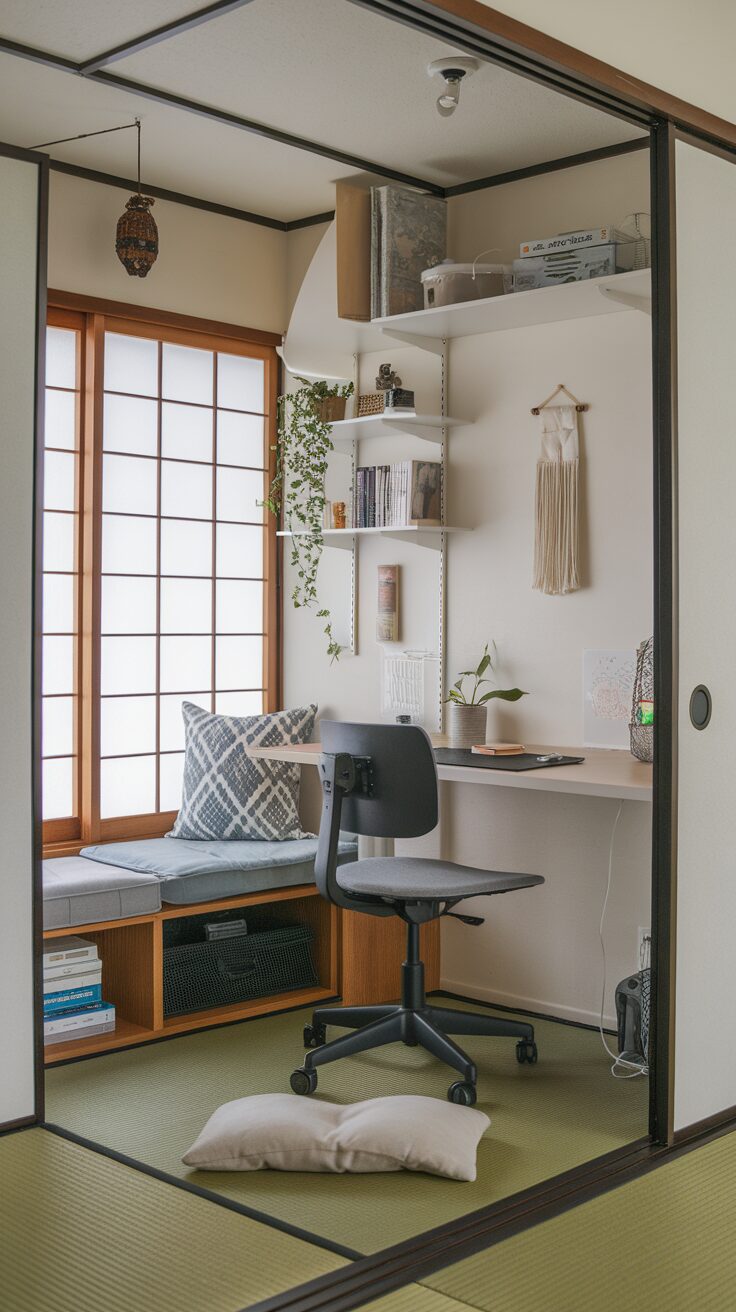 A cozy small gaming room setup with Japanese aesthetic, featuring a desk, chair, and a comfortable seating area.