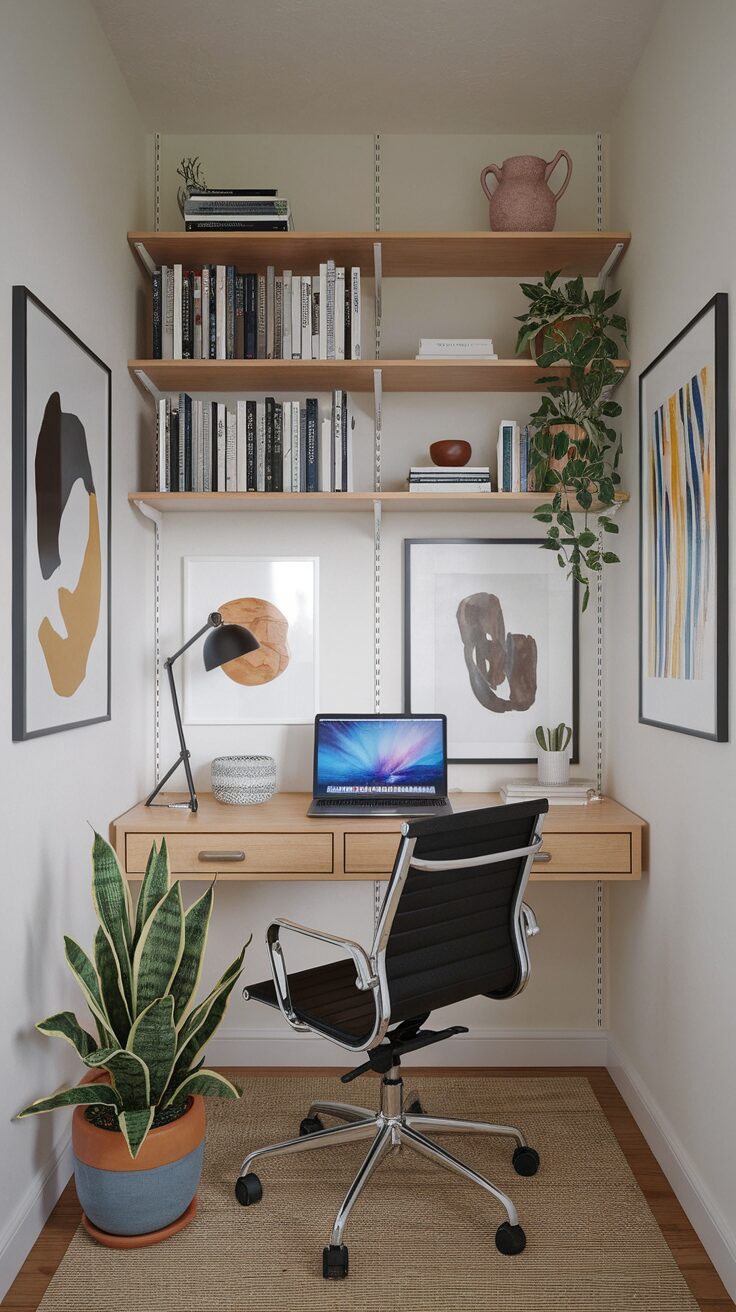 A minimalist home office with a wooden desk, laptop, bookshelves, and plants.