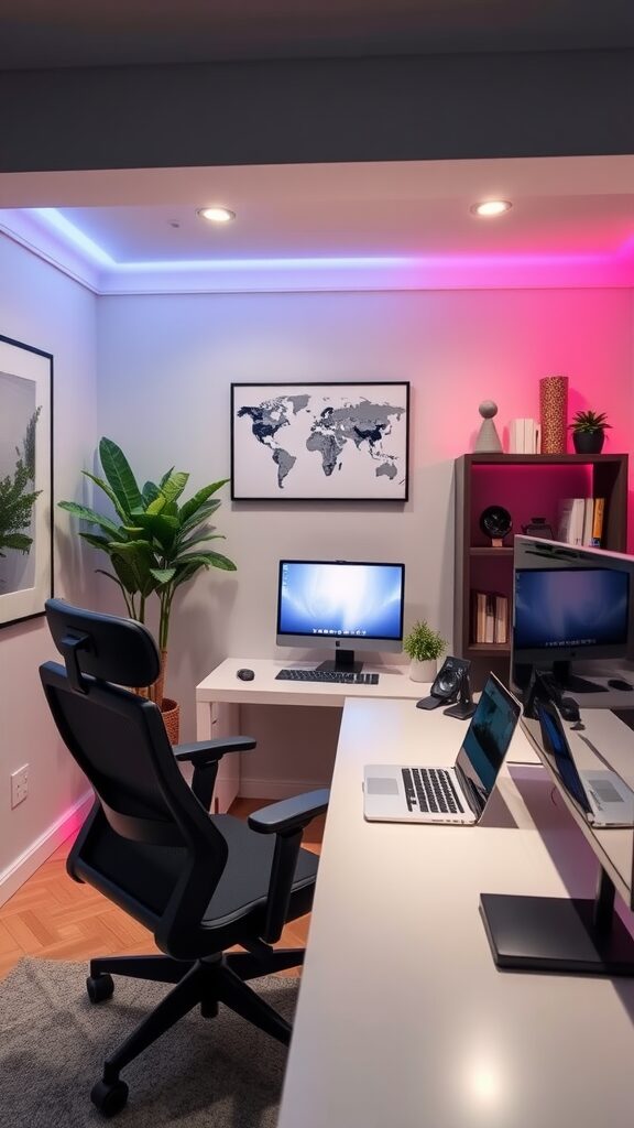 Modern home office with smart lighting solutions and organized workspace.