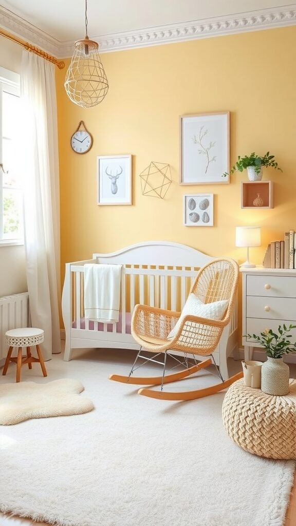 A cozy pastel yellow nursery featuring a crib, rocking chair, and soft decor.