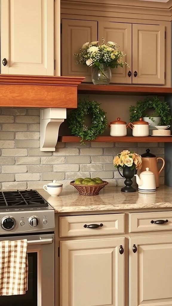 A cozy kitchen featuring tan beige cabinets and a stone backsplash.