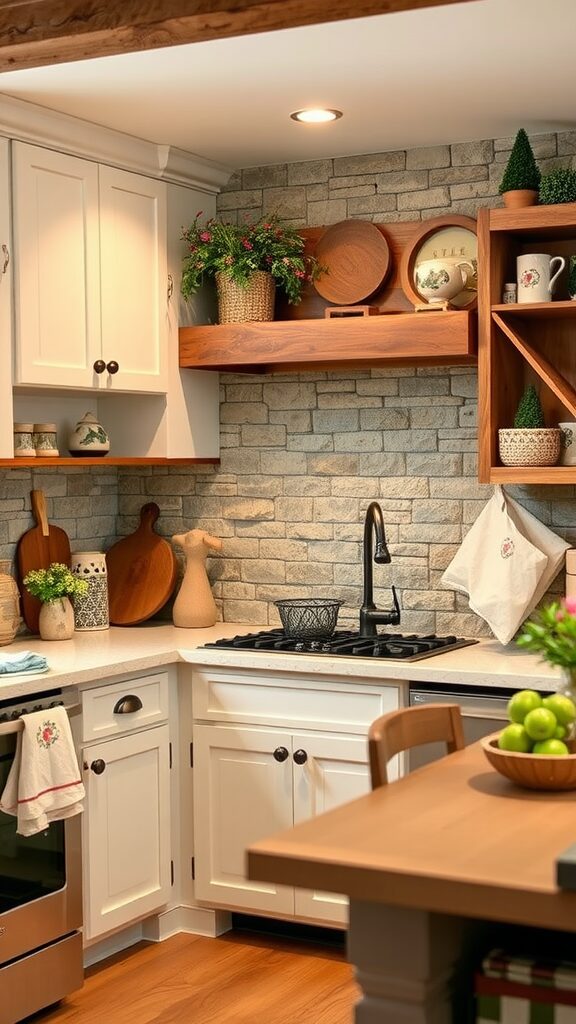 Cozy kitchen with stone backsplash and wooden accents
