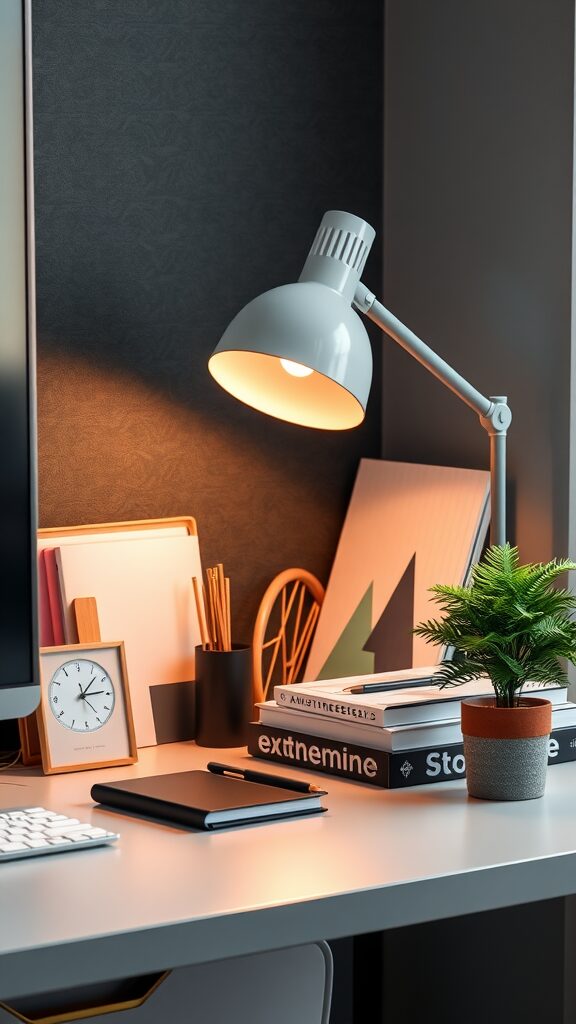 A modern desk setup featuring a lamp, clock, books, a plant, and organized stationery.