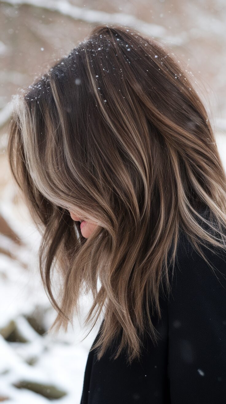 Brunette hair with subtle highlights in winter setting