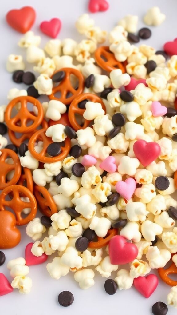 Sweet and salty snack mix with popcorn, pretzels, and heart-shaped candies