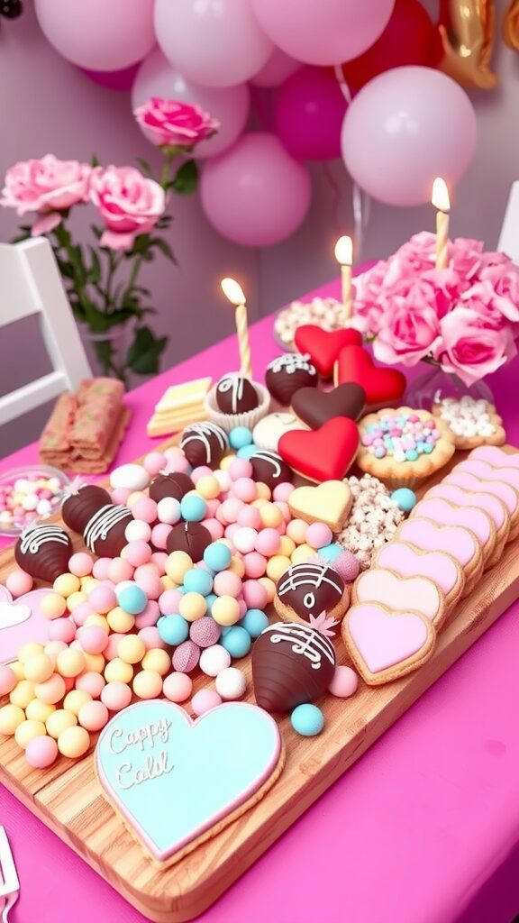 Colorful sweet charcuterie board with heart-shaped desserts and candies for a Galentine's party