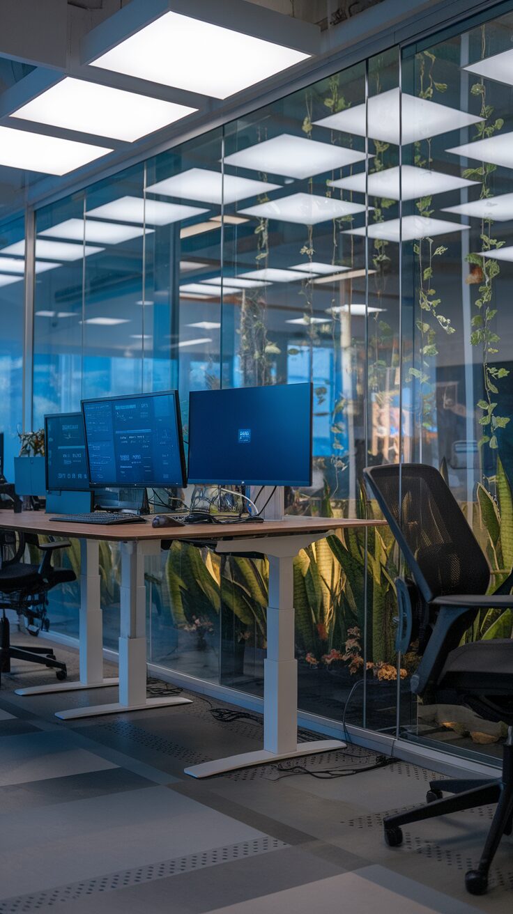 A modern home office workspace featuring dual monitors, a standing desk, and indoor plants visible through glass walls.