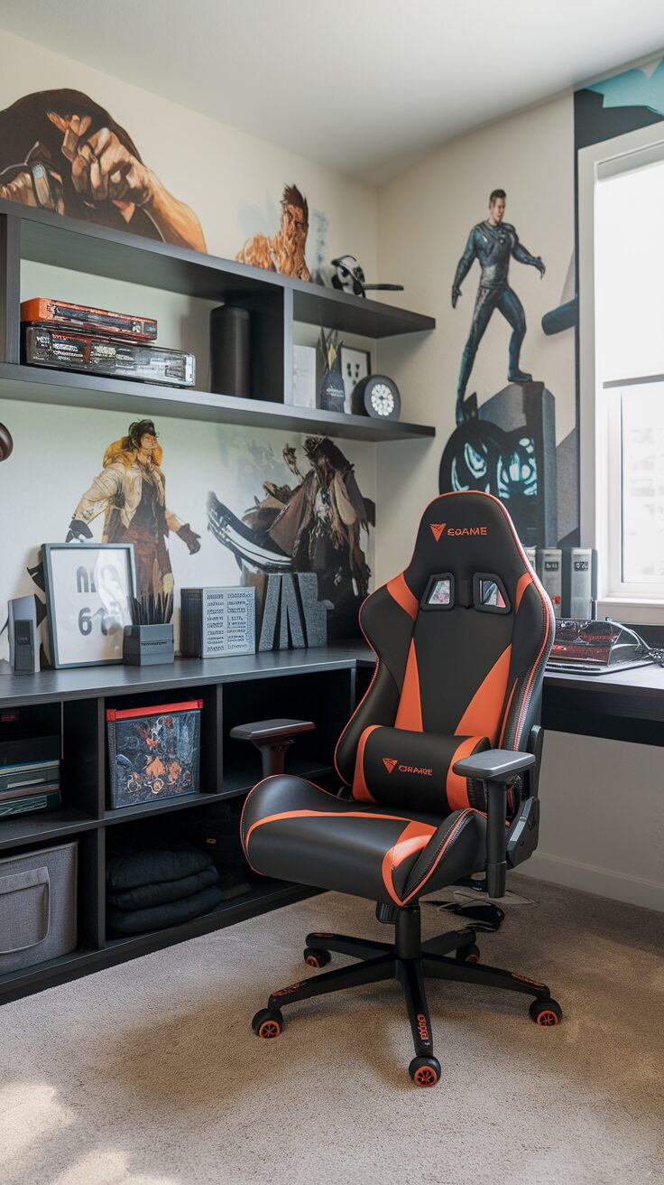 Stylish teen boy gamer bedroom with a gaming chair and organized shelves.