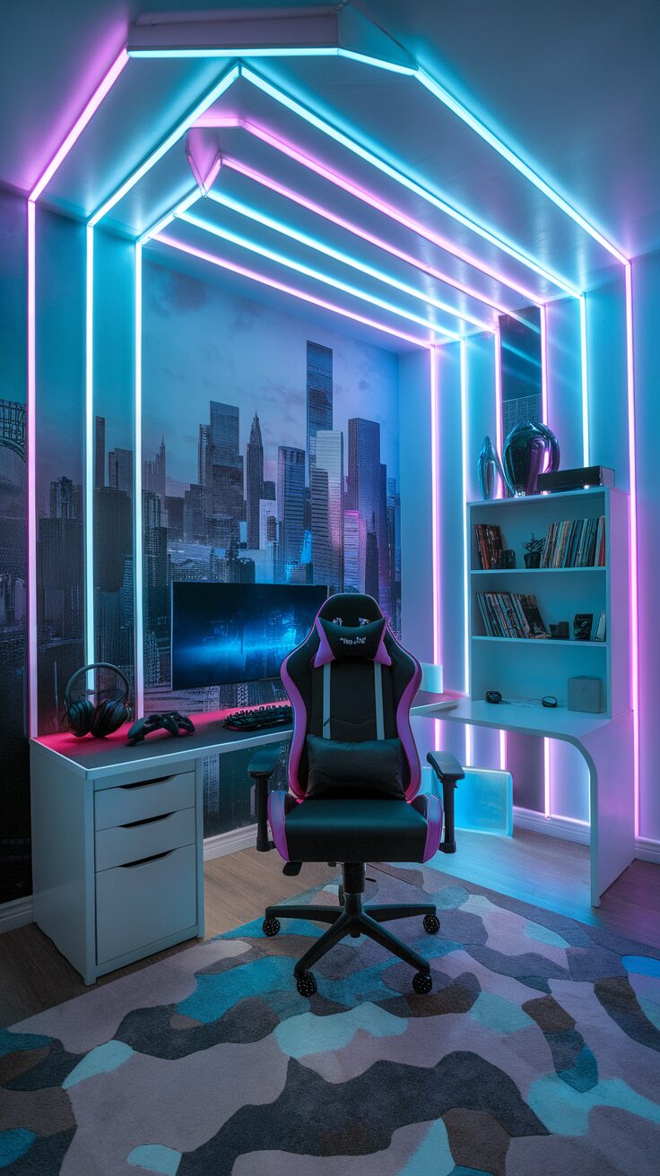 A stylish gaming room with LED lights, a gaming chair, and a gaming setup