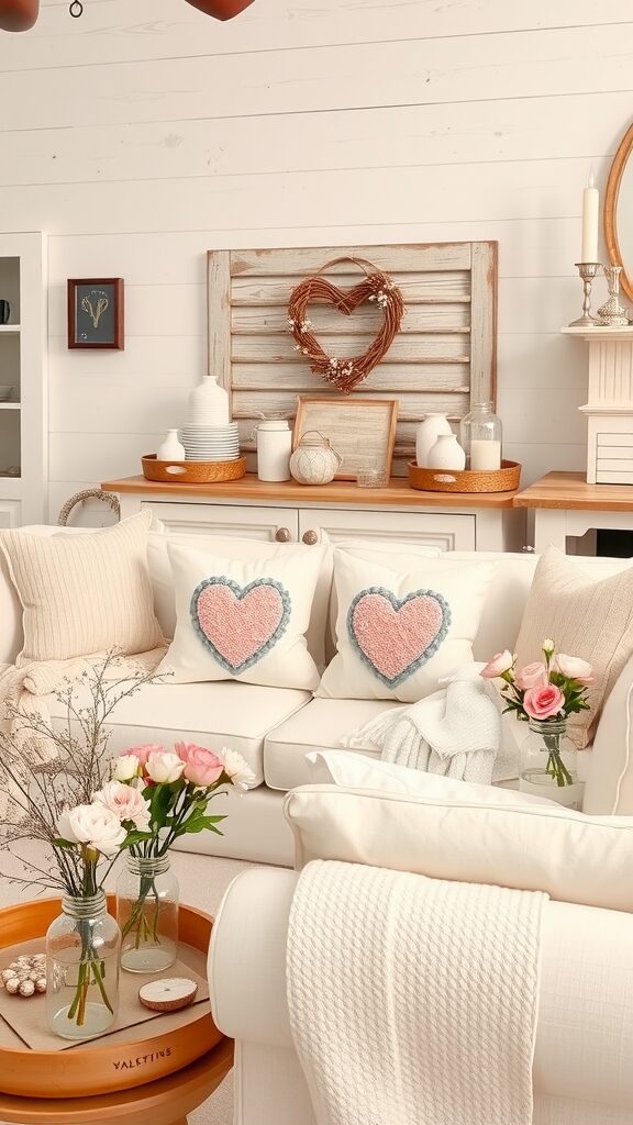 Cozy living room with neutral and rustic Valentine decor featuring heart pillows, flowers, and a wooden tray.
