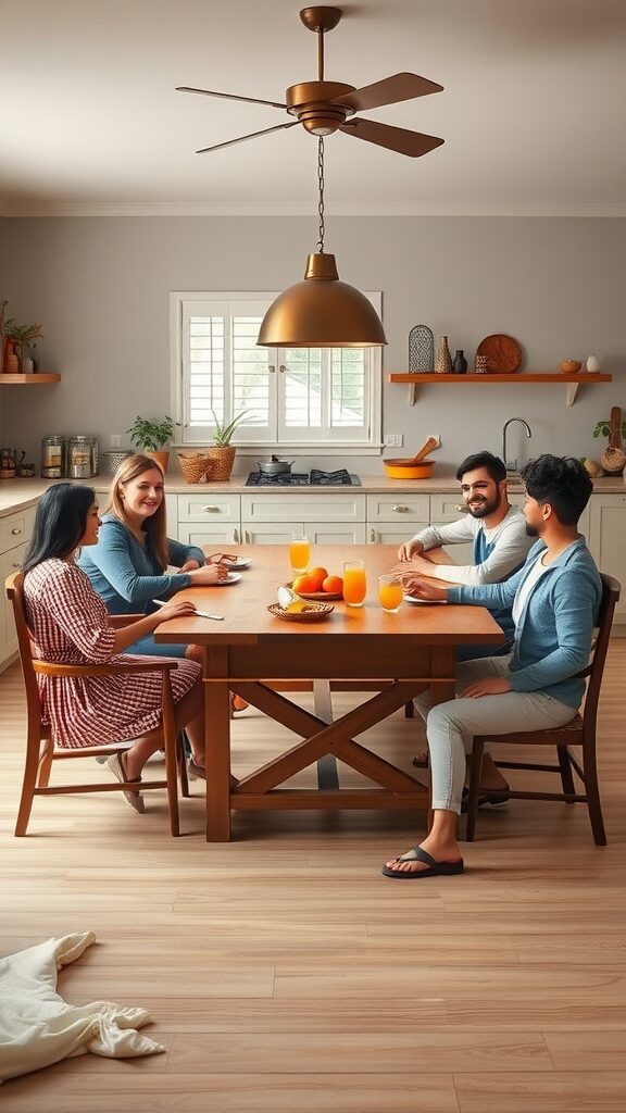 A cozy kitchen with a wooden table in the middle where friends are having a meal together.