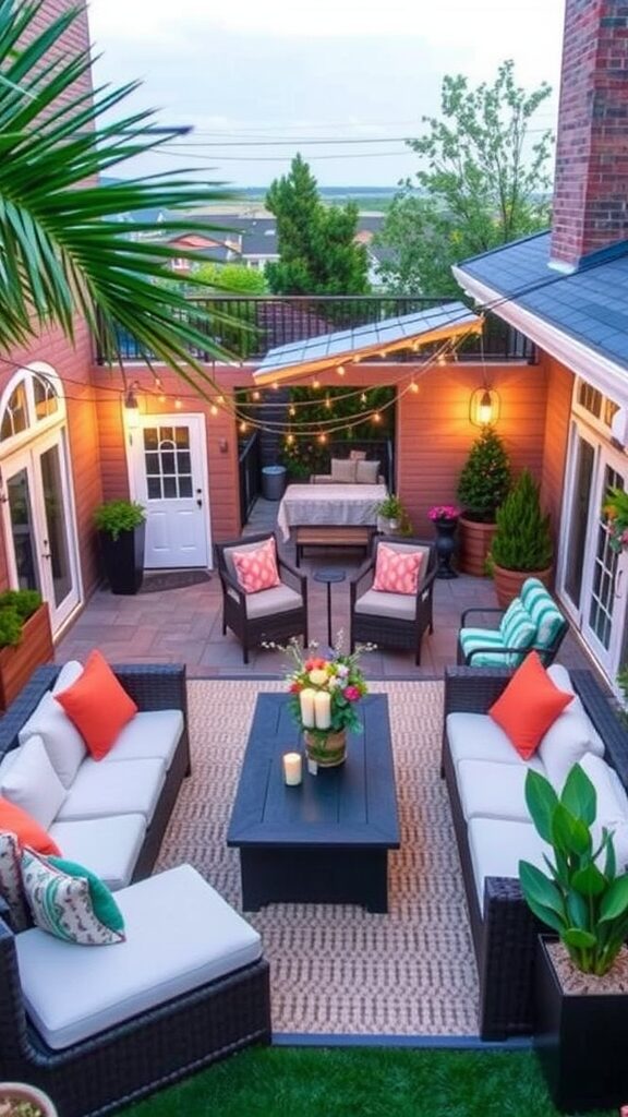 Cozy patio layout with seating and decorative plants