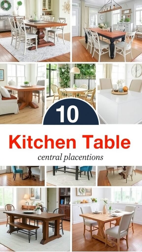 Collage of different kitchen tables centrally placed in various kitchen styles.