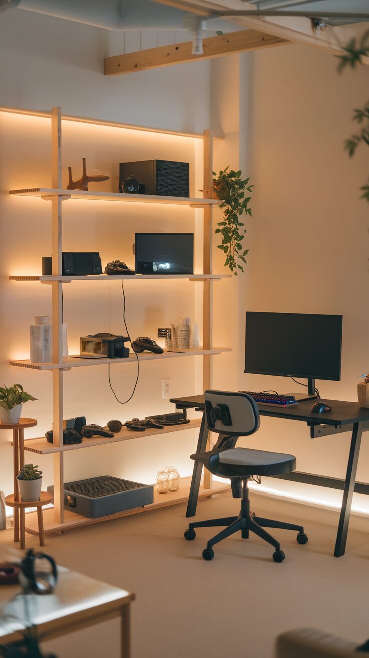 A minimalist Japanese gaming room setup featuring a clean gaming desk and organized shelves.