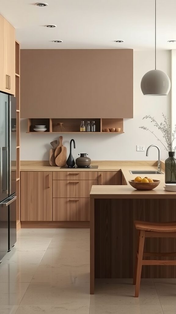 A calm kitchen designed in the Japandi aesthetic featuring wood cabinets and neutral tones.