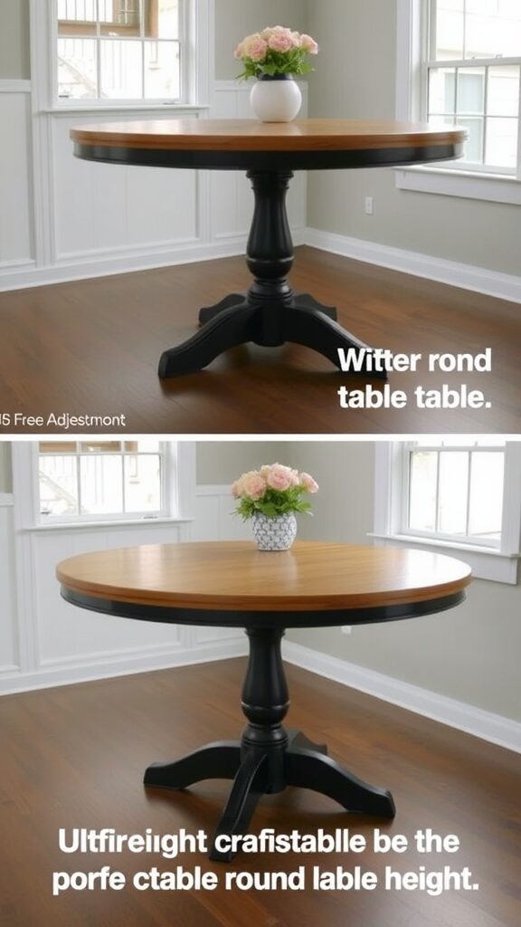 An image showing the height adjustment of a round table with a flower vase on top.