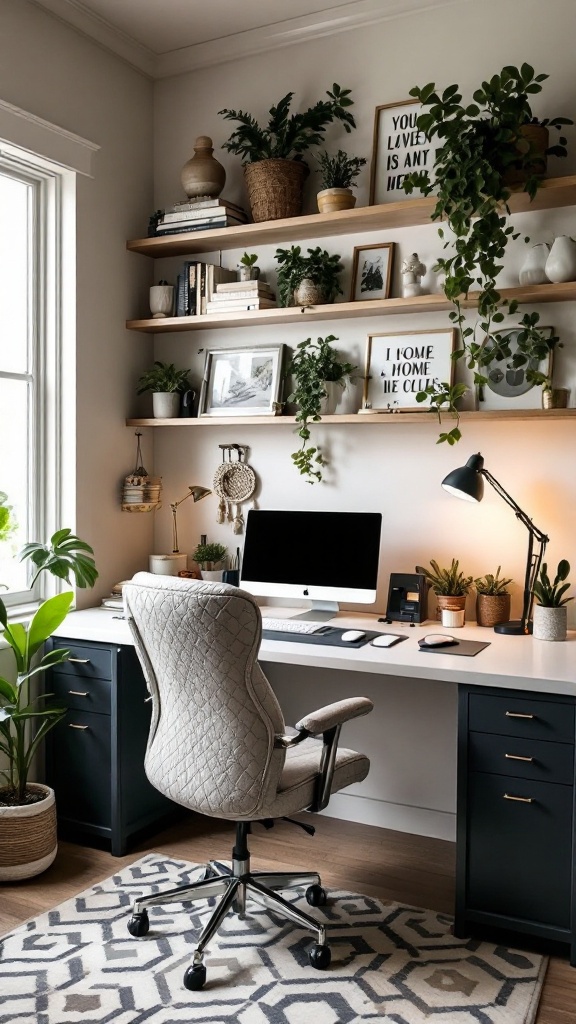 Stylish home office with plants, a computer, and modern decor