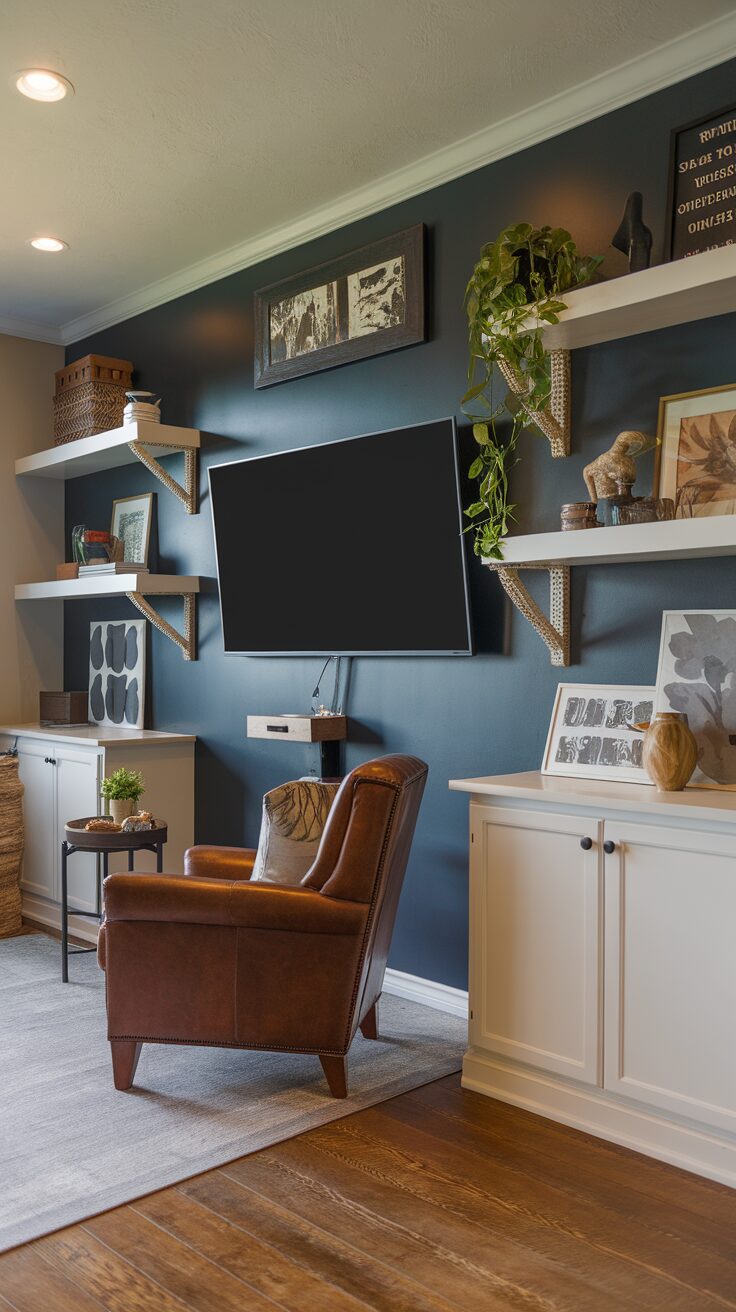 Stylish home office with dark gray walls, a brown chair, and decorative shelves.