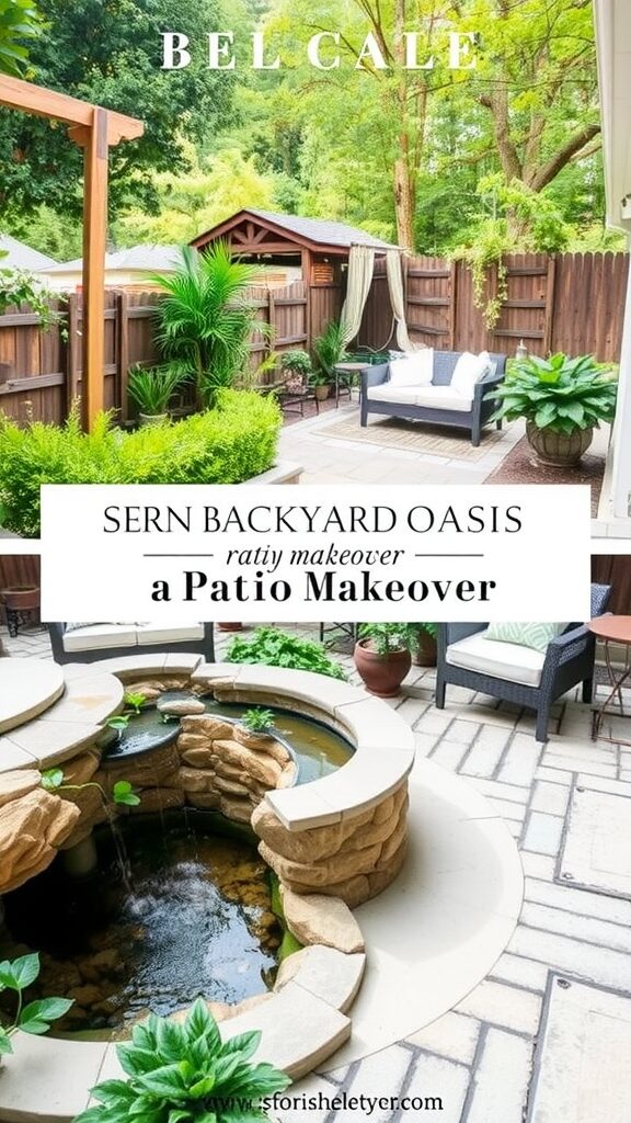 A beautifully designed backyard patio with plants, a cozy seating area, and a water feature.