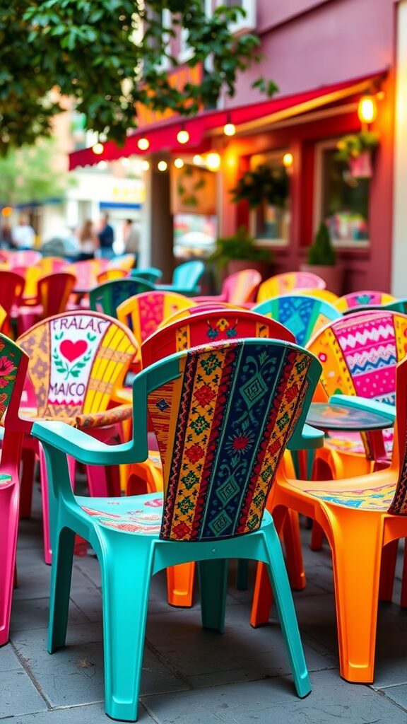 Colorful plastic chairs arranged in a festive outdoor setting.