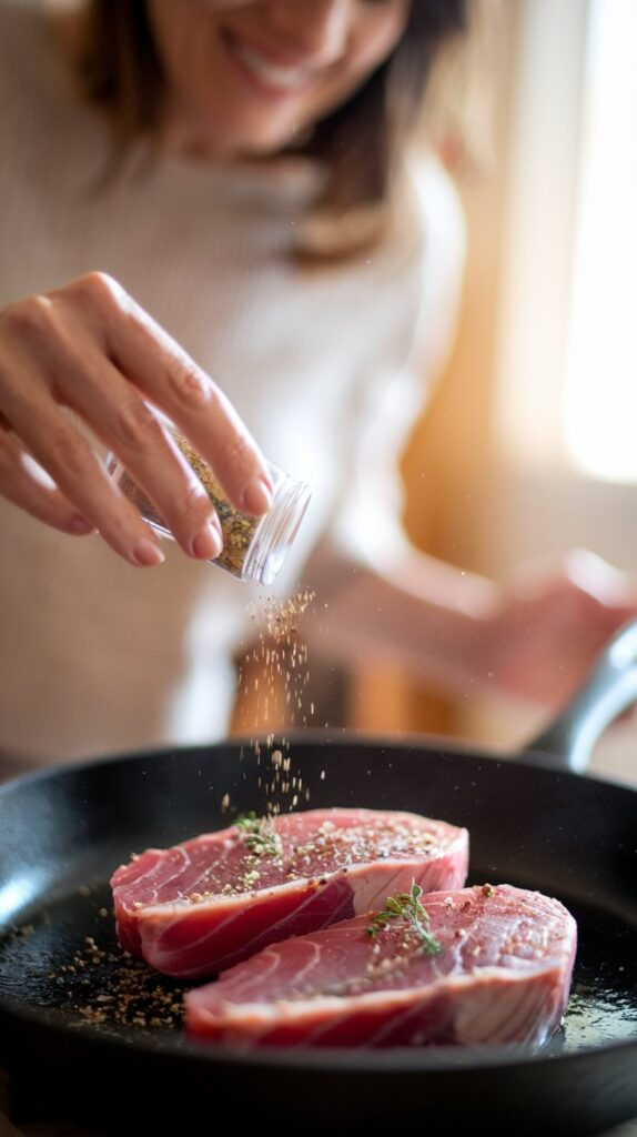 a woman seasoning a tuna steak on pan