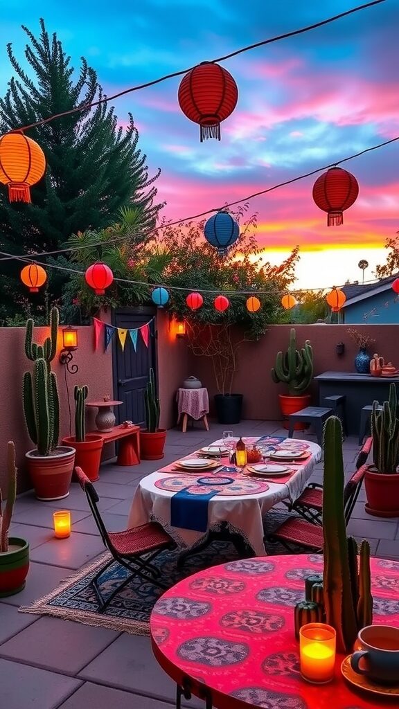 A colorful patio setup with lanterns, plants, and a festive table setting at sunset.