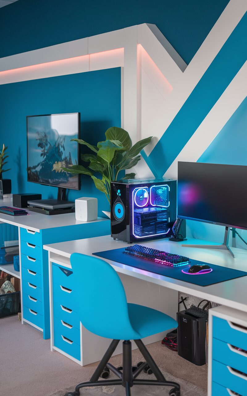 Two modern gaming setups in a stylish room featuring blue accents.