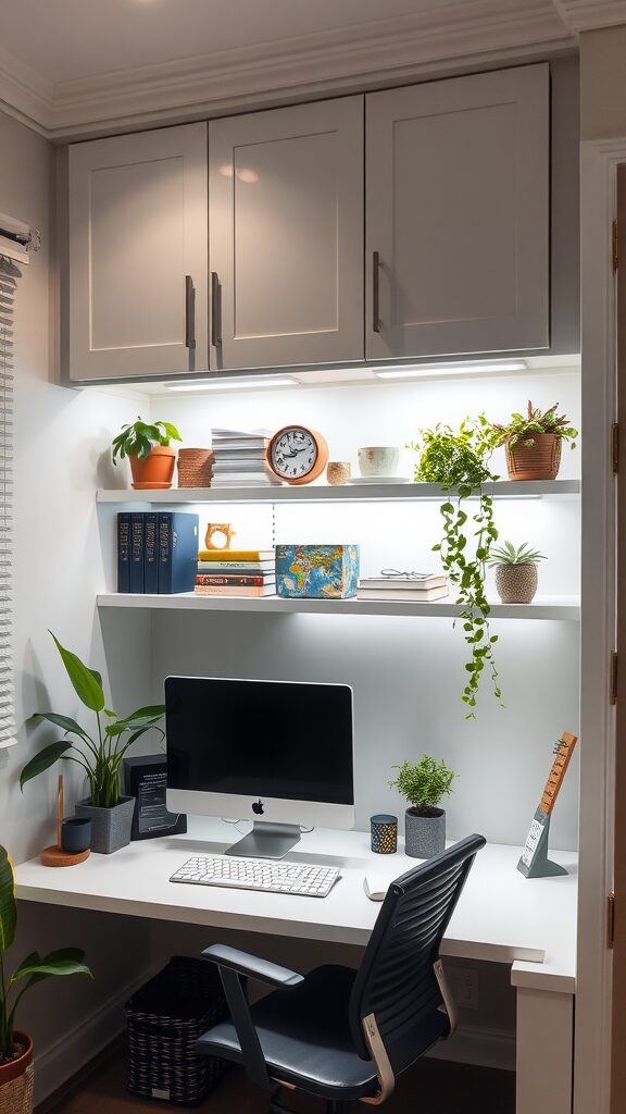 A modern home office with under-cabinet LED lights illuminating a clean desk, plants, and organized shelves.