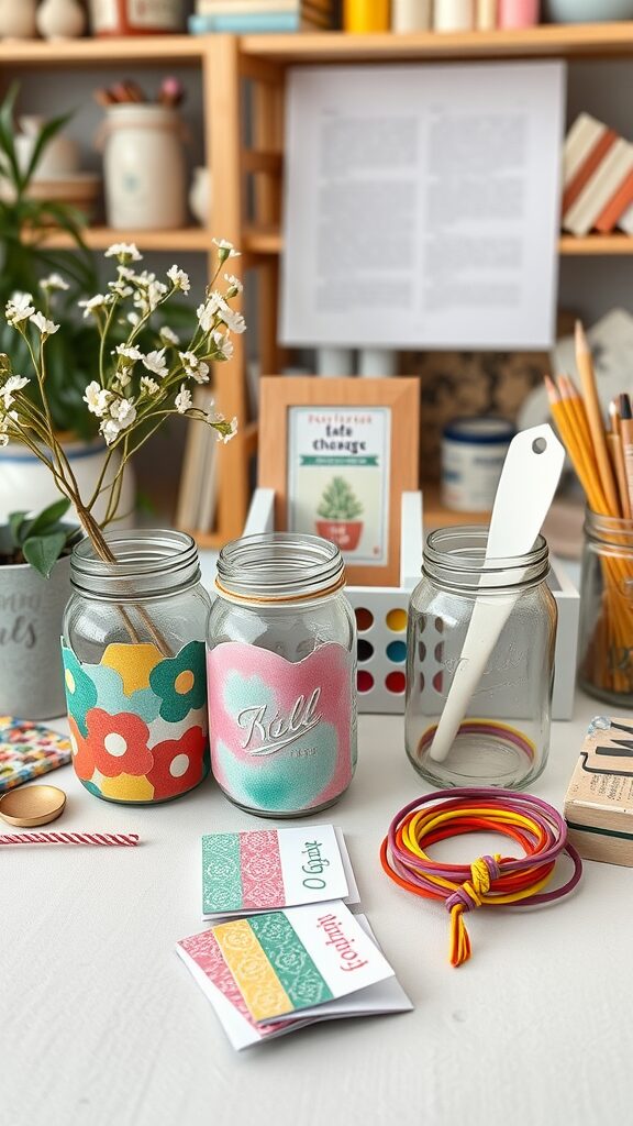 A colorful crafting workspace displaying decorated jars, crafting supplies, and handmade notes.