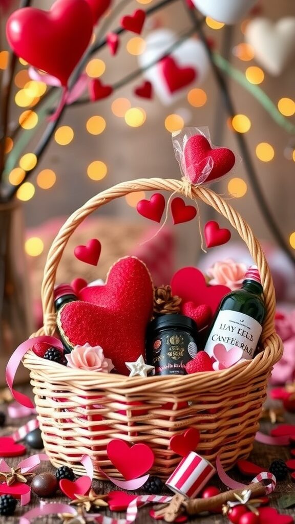 A beautifully arranged Valentine gift basket filled with hearts, treats, and decorative elements.