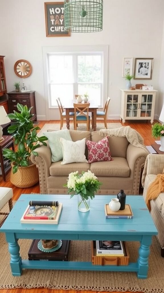 A cozy living room featuring a upcycled blue coffee table with books and flowers.