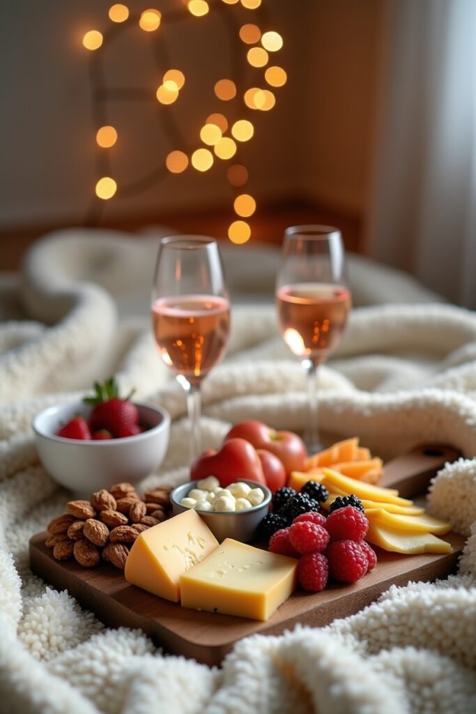 A cozy indoor picnic setup with a blanket, fairy lights, a platter of snacks, and glasses of red wine.