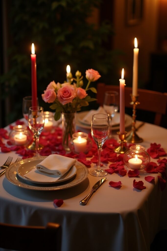 Cozy dining setup with candles, rose petals, and a romantic table setting for two.